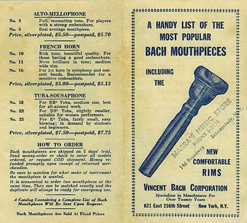 Bach Mouthpiece Catalog 1938, page 1