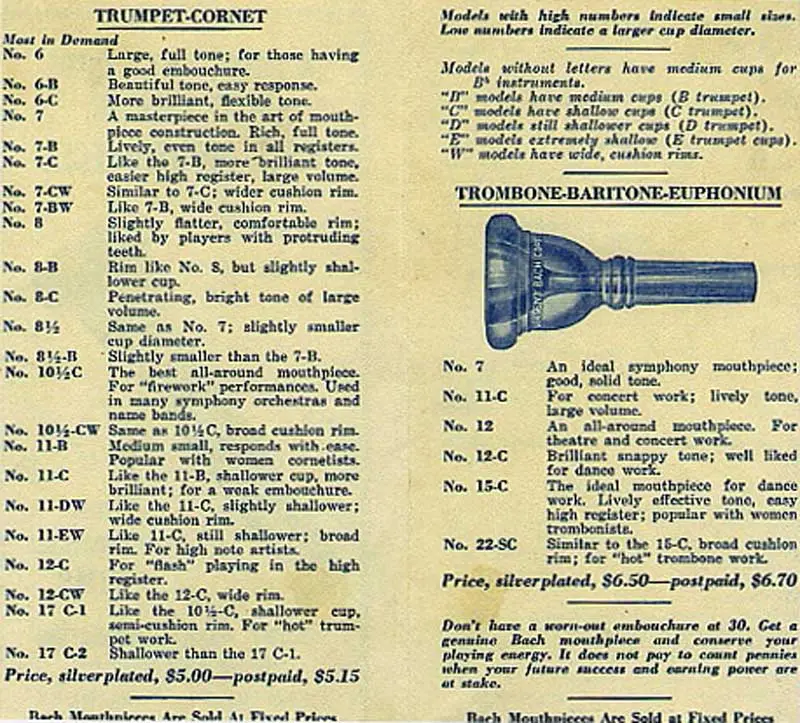 Bach Mouthpiece Catalog 1938, page 2